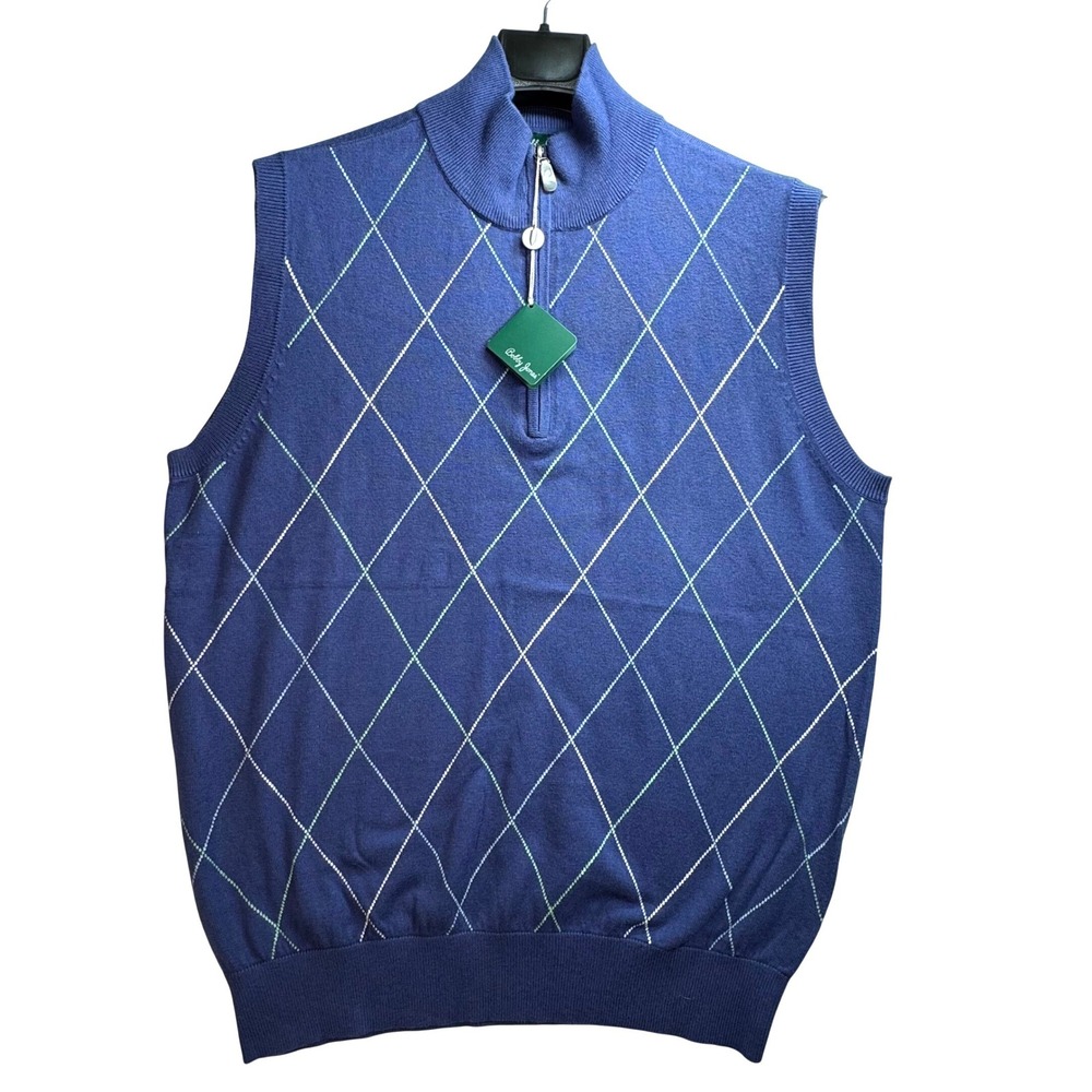 Bobby Jones Mens Argyle Quarter Zip Sweater Vest Navy Cotton Cashmere M Preppy